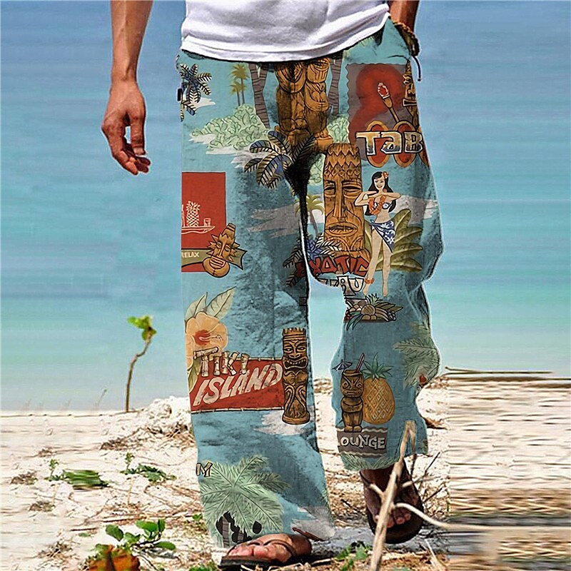 Men's Drawstring Elastic Waist Straight Leg Coconut Tree Graphic Prints Hawaiian Beach Pants
