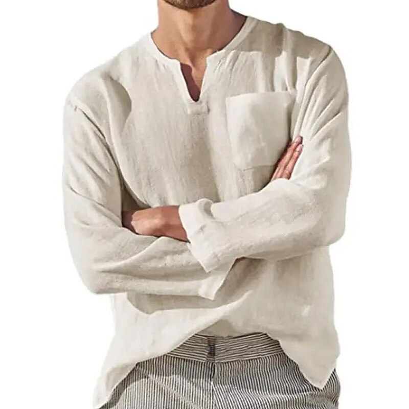 Men's Linen Shirt Summer Shirt Beach Shirt Black White Navy Blue Long Sleeve Plain V Neck Spring & Summer Casual Daily Clothing Apparel Front Pocket