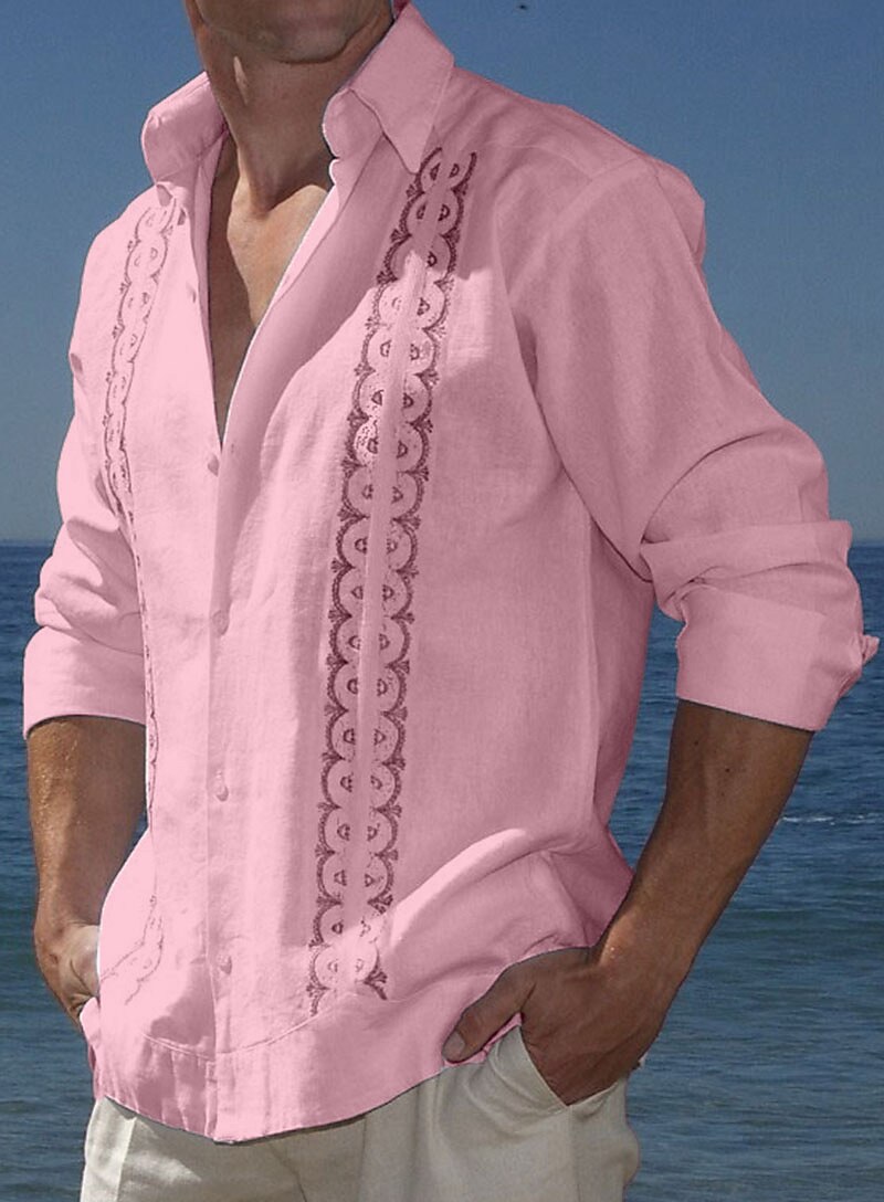 Men's Linen Shirt Casual Shirt Summer Shirt Beach Shirt White Pink Blue Long Sleeve Striped Lapel Spring & Summer Hawaiian Holiday Clothing Apparel Print
