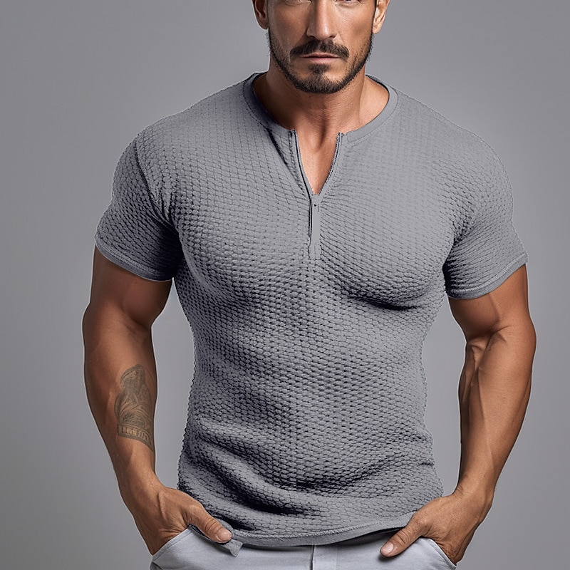 Men's Waffle Plain Quarter  Street Short Sleeves Zip Basic Henley Shirt 