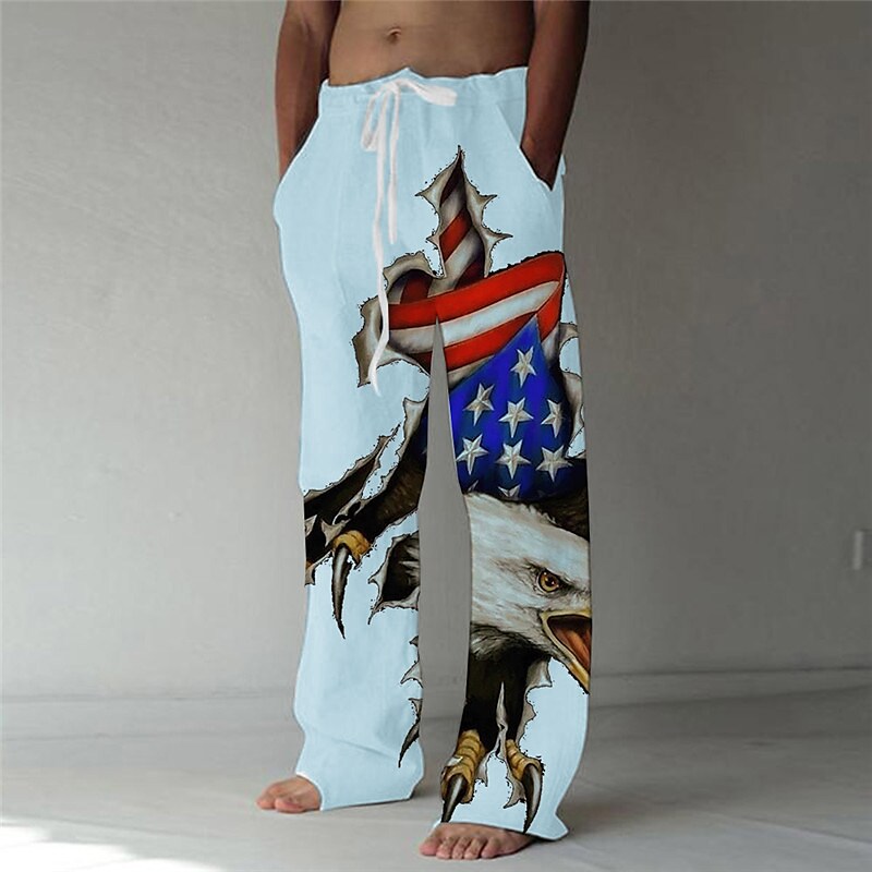 Men's Straight  Elastic Drawstring  Eagle National Flag  Trousers 