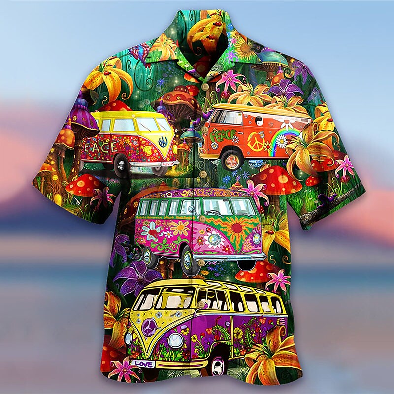 Men's Hippie Bus Turndown   Button-Down Short Sleeve  Hawaiian Shirt 