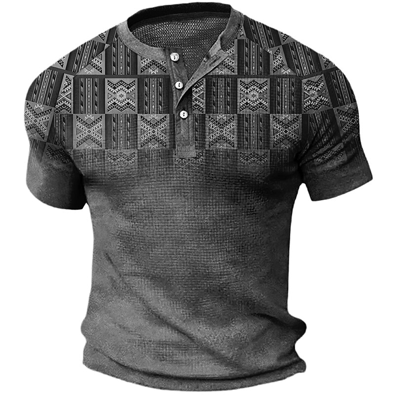 Men's Waffle Raglan Graphic  3D Print Short Sleeve Button Henley Shirt 