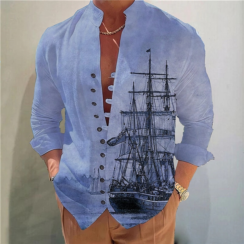Men's  Vintage Sailboat Stand Collar Long Sleeve Shirt 