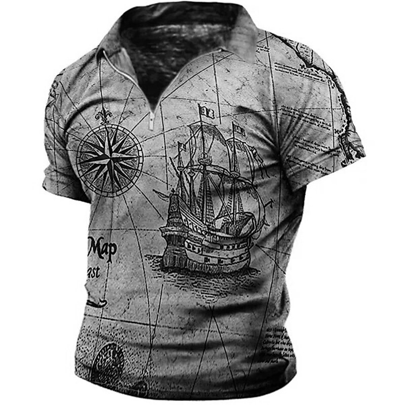Men's Outdoor Casual Vintage Street Comfortable Lightweight Wear Resistant Zippered Pattern Print Lapel Short Sleeve Polo Shirt