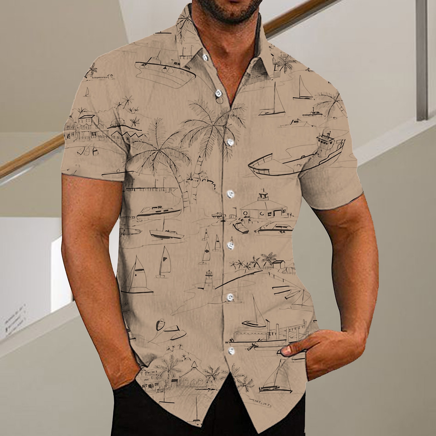 Men's Coconut Tree Graffiti Turndown Button-Down Short Sleeve Shirt