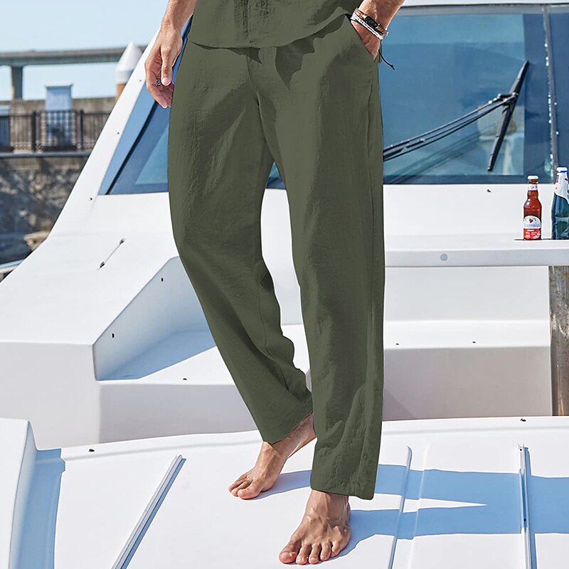 Men's  Drawstring Elastic Waist Plain Breathable  Linen Pants