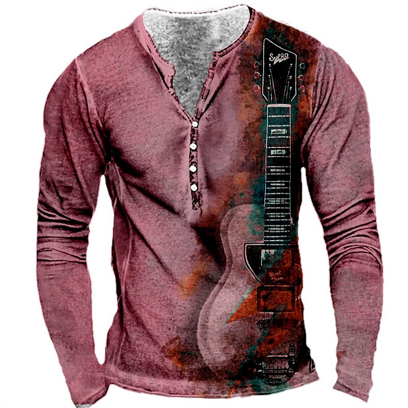 Men's Guitar Button-Down Classic Long Sleeve Henley Shirt