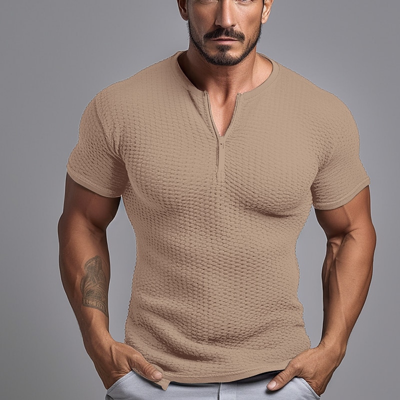 Men's Waffle Plain Quarter  Street Short Sleeves Zip Basic Henley Shirt 