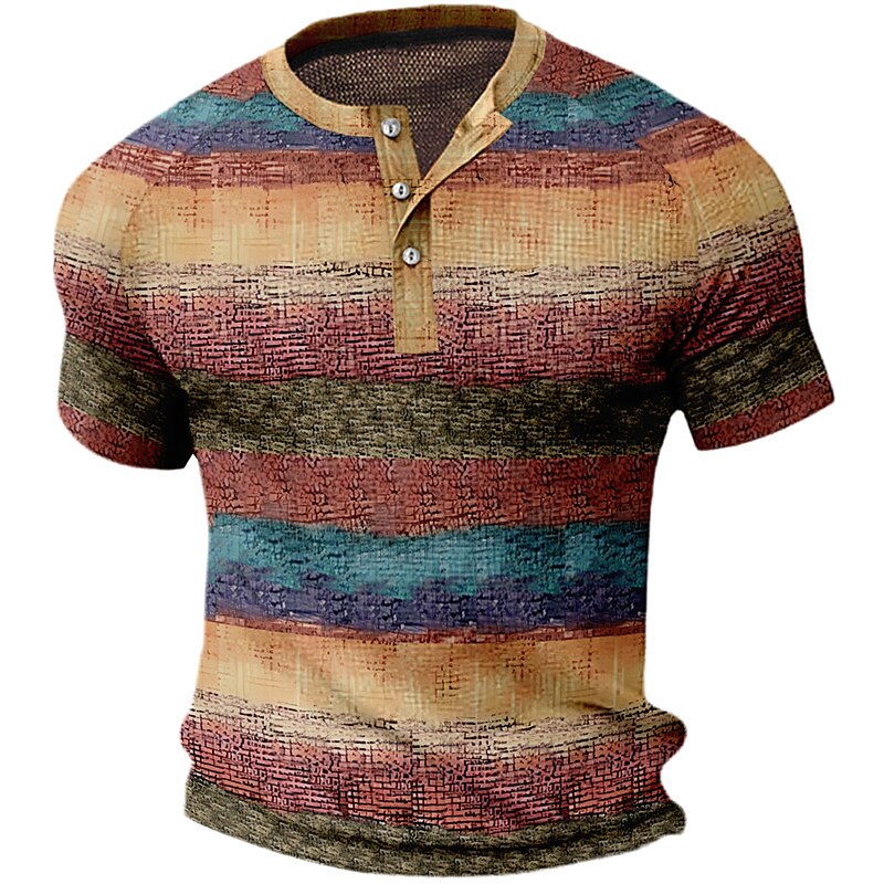 Men's Waffle Raglan Graphic Color Block Striped 3D Print Outdoor Short Sleeve Button Henley Shirt 