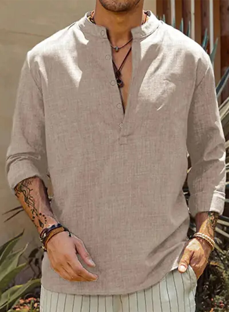 Men's Outdoor Beach Hawaiian Holiday Breathable Comfortable Light Plain Stand Collar Long Sleeve Shirt
