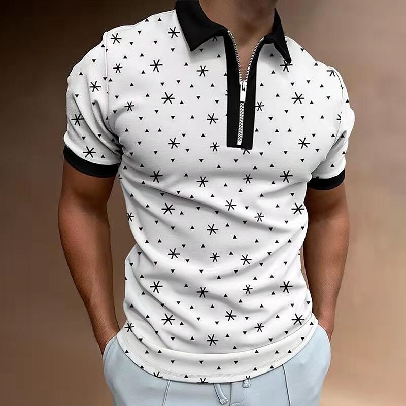 Men's Zip  Graphic Prints Geometry Turndown Short Sleeves Casual Polo Shirt 