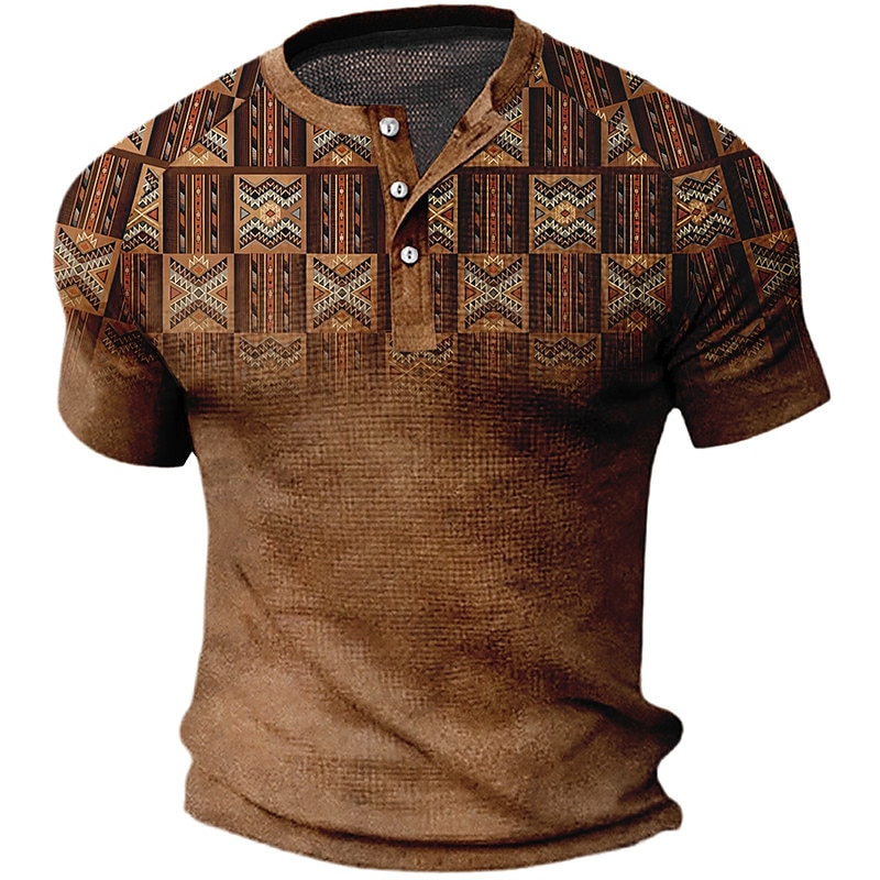 Men's Waffle Raglan Graphic  3D Print Short Sleeve Button Henley Shirt 