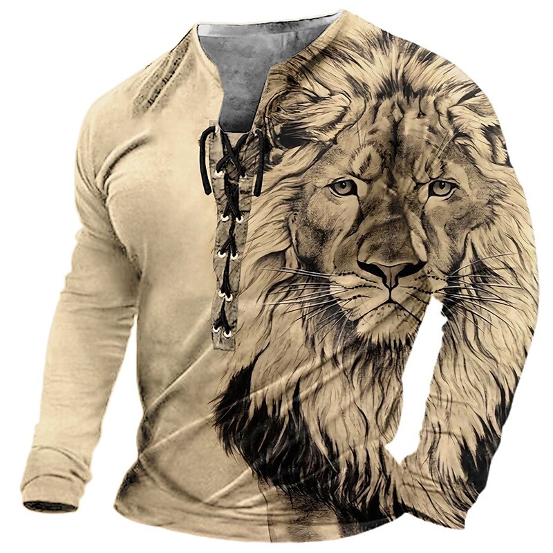 Men's Lion 3D Print Lace up Print Long Sleeve T-shirt 