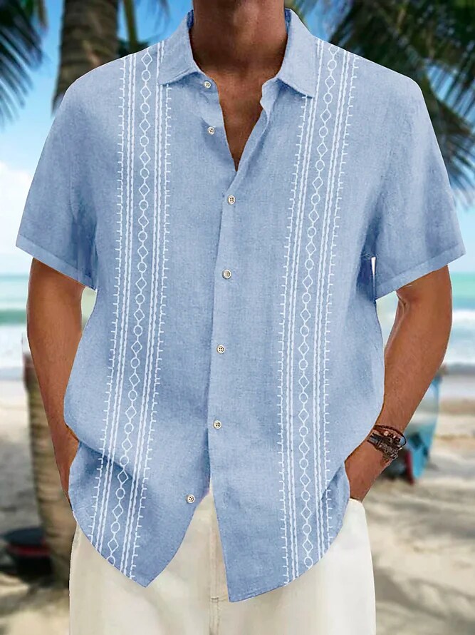Men's Casual  Striped Lapel Hawaiian Short Sleeve  Linen Shirt 