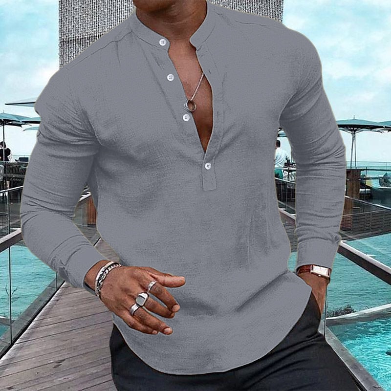 Men's Linen Casual Summer Beach Plain Casual Daily Long Sleeve Henley Shirt