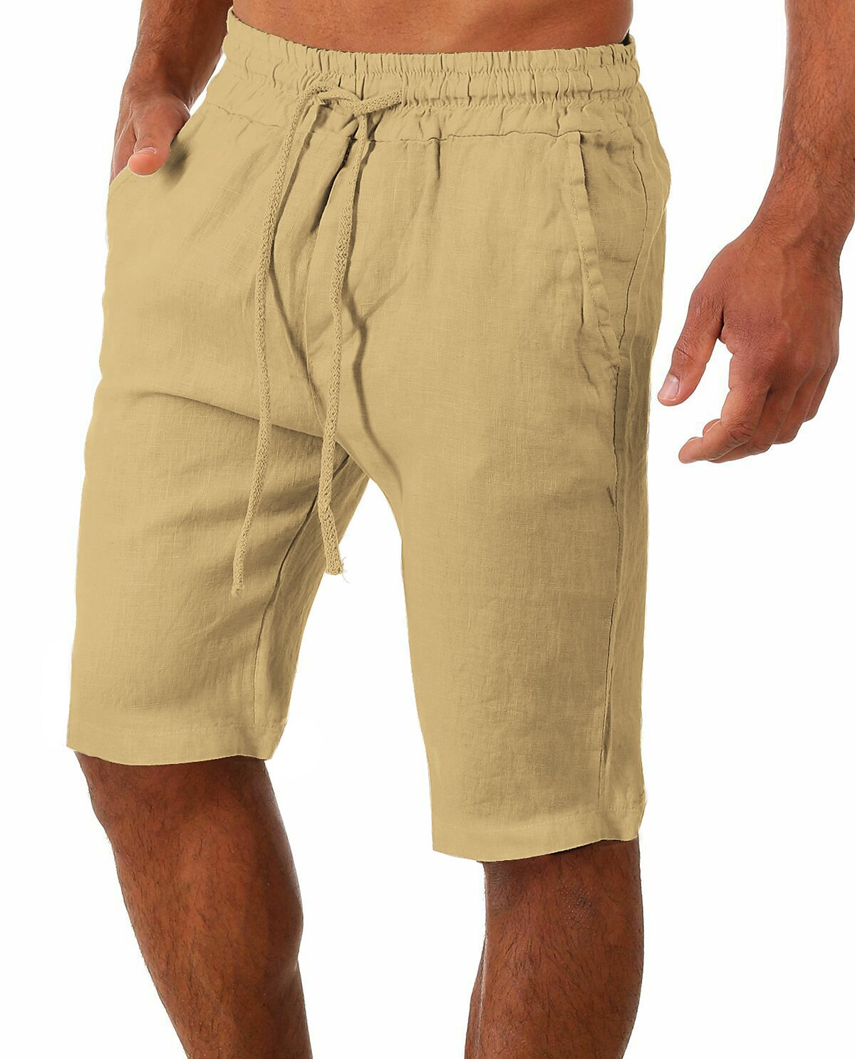 Men's Side Pockets Drawstring Moisture Wicking Yoga Fitness Gym  Loose Linen Shorts 