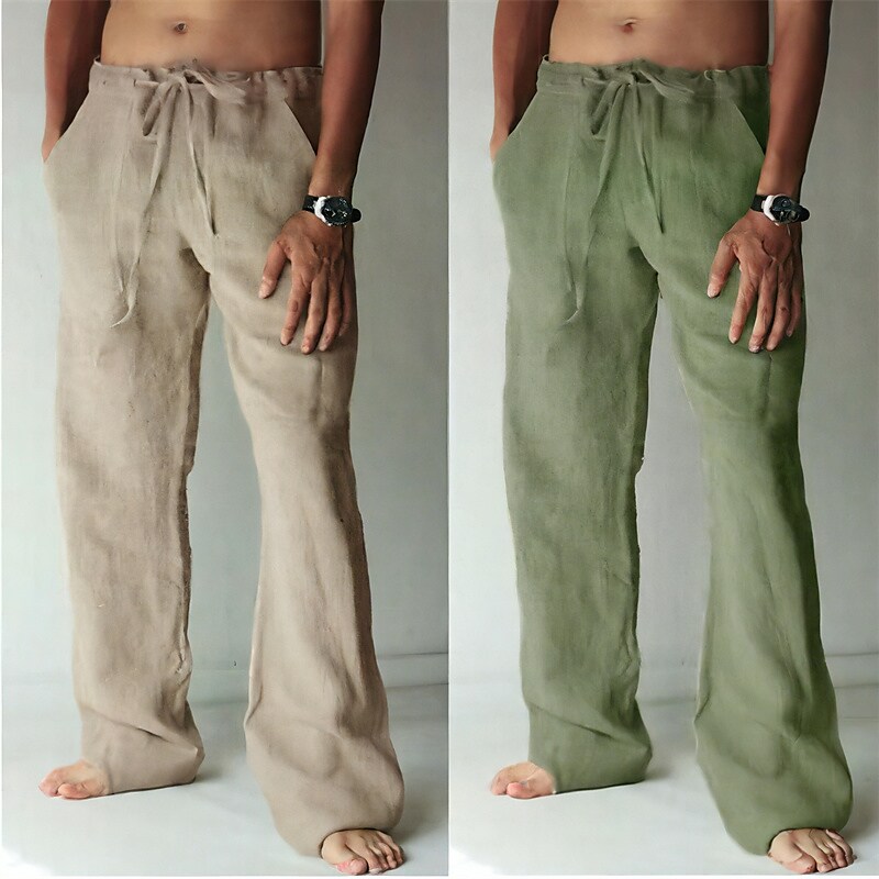 Men's  Summer  Beach Pocket Drawstring Elastic Waist Plain Linen Pants