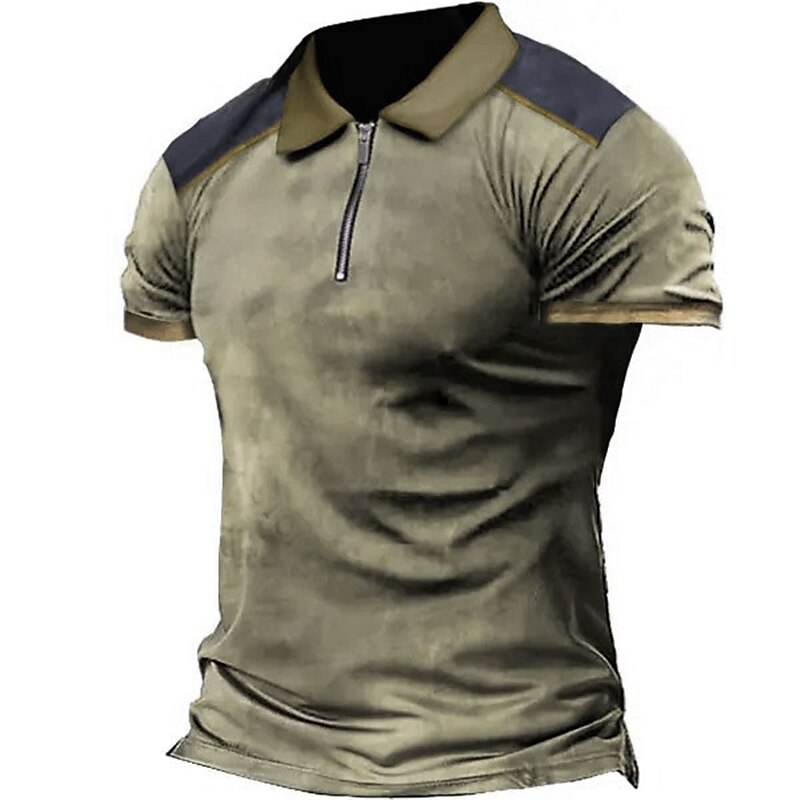 Men's Zip Polo Polo Shirt Golf Shirt Textured Graphic Prints Turndown Blue Green Khaki Gray Outdoor Street Short Sleeves Zipper Print Clothing Apparel Fashion Designer Casual Breathable