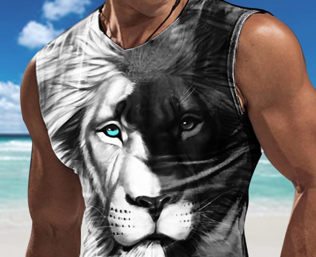 Men's Lion Crew Neck Cool Casual  Sleeveless Undershirt 