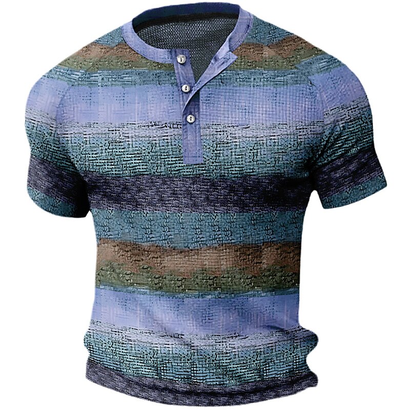 Men's Waffle Raglan Graphic Color Block Striped 3D Print Outdoor Short Sleeve Button Henley Shirt 