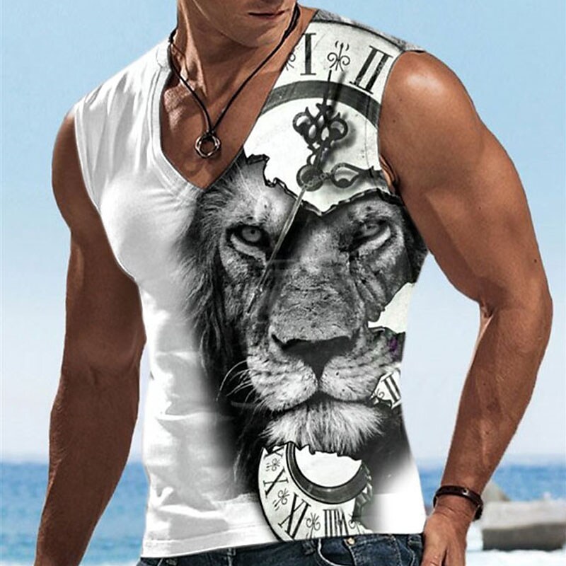 Men's Graphic Animal Lion V Neck 3D Print Sports Muscle  Vest