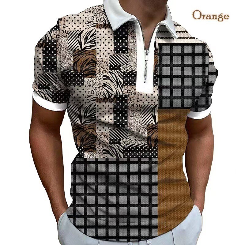 Men's Zip  Graphic Prints Geometry Turndown Short Sleeves Casual Polo Shirt 
