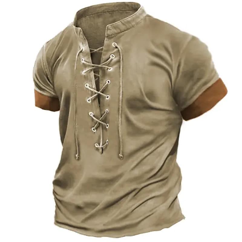 Men's Outdoor Casual Vintage Street Comfortable Lightweight Breathable Plain Stand Collar Short Sleeve Henley Shirt