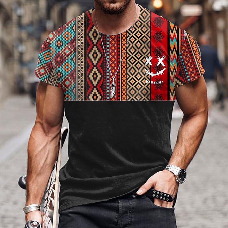 Men's Graphic Color Block Tribal Crew Neck 3D Print Ethnic Short Sleeve T-shirt 
