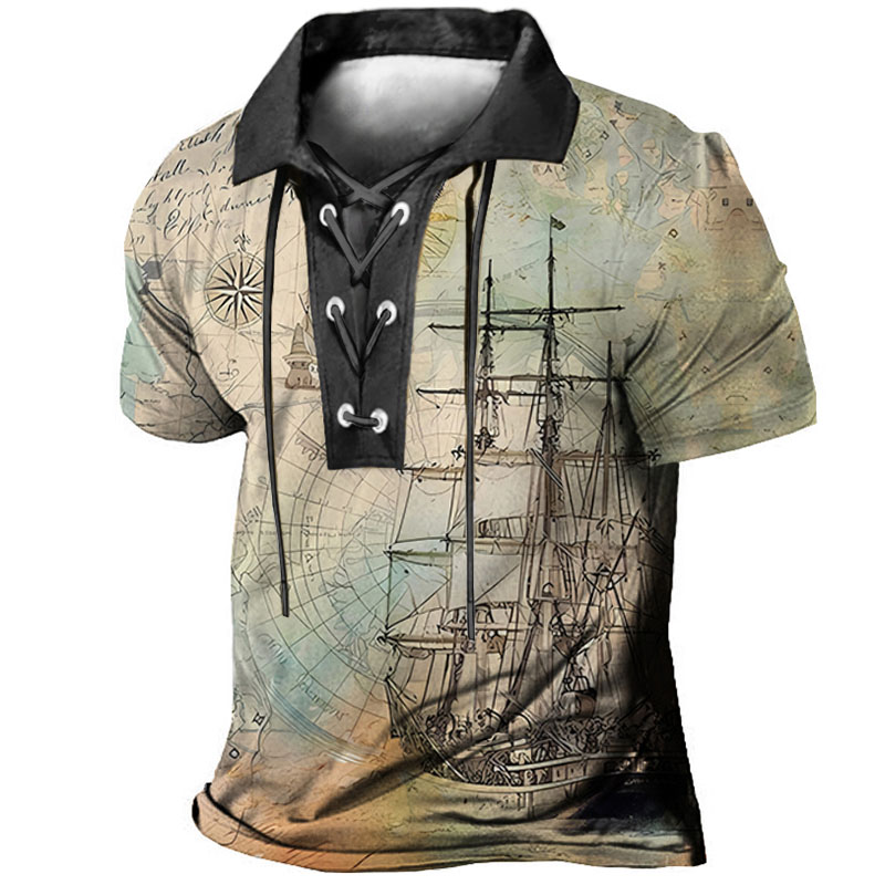 Men's Outdoor Casual Vintage Street Comfortable Lightweight Breathable 3D Print Lapel Short Sleeve Polo Henley Shirt
