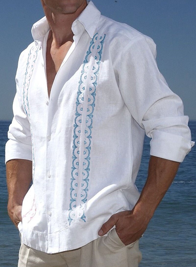 Men's Linen Shirt Casual Shirt Summer Shirt Beach Shirt White Pink Blue Long Sleeve Striped Lapel Spring & Summer Hawaiian Holiday Clothing Apparel Print