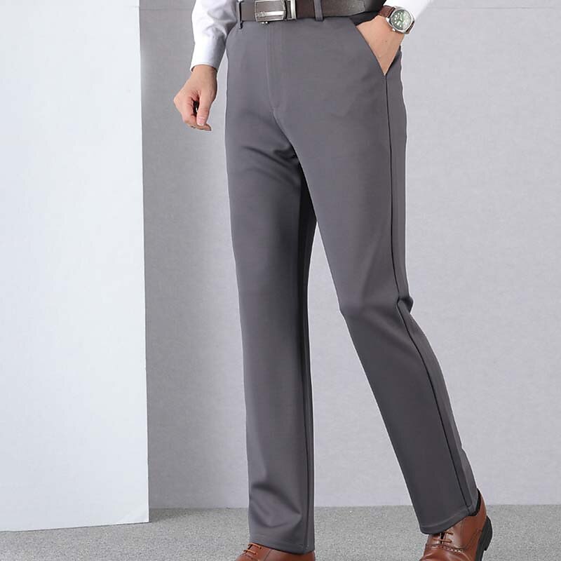 Men's Dress Pants Trousers Casual Pants Pocket Elastic Waist Straight Leg Plain Stretch Wedding Office Business Stylish Formal Black Wine High Waist Micro-elastic
