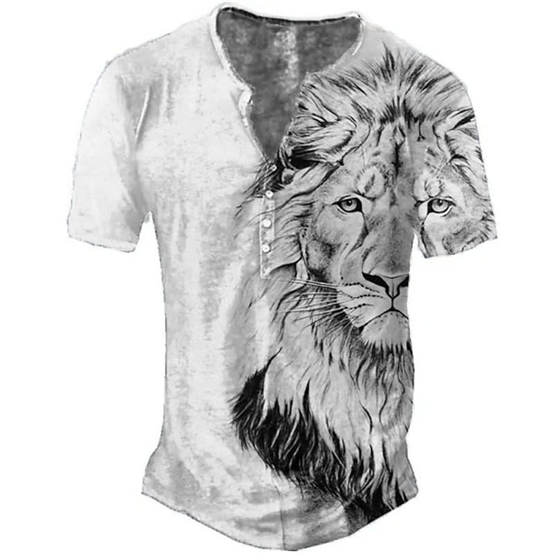 Men's Animal Lion Short Sleeve Button-Down Henley Shirt