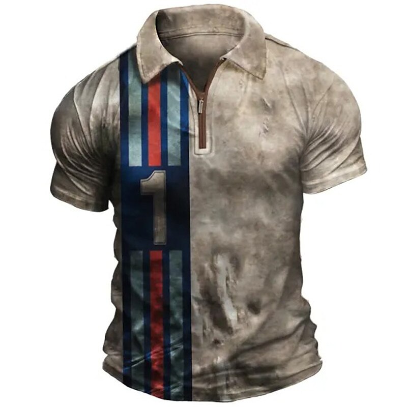 Men's Outdoor Golf Street Fashion Comfortable Breathable Light Zipped Prints Short Sleeve Polo Shirt