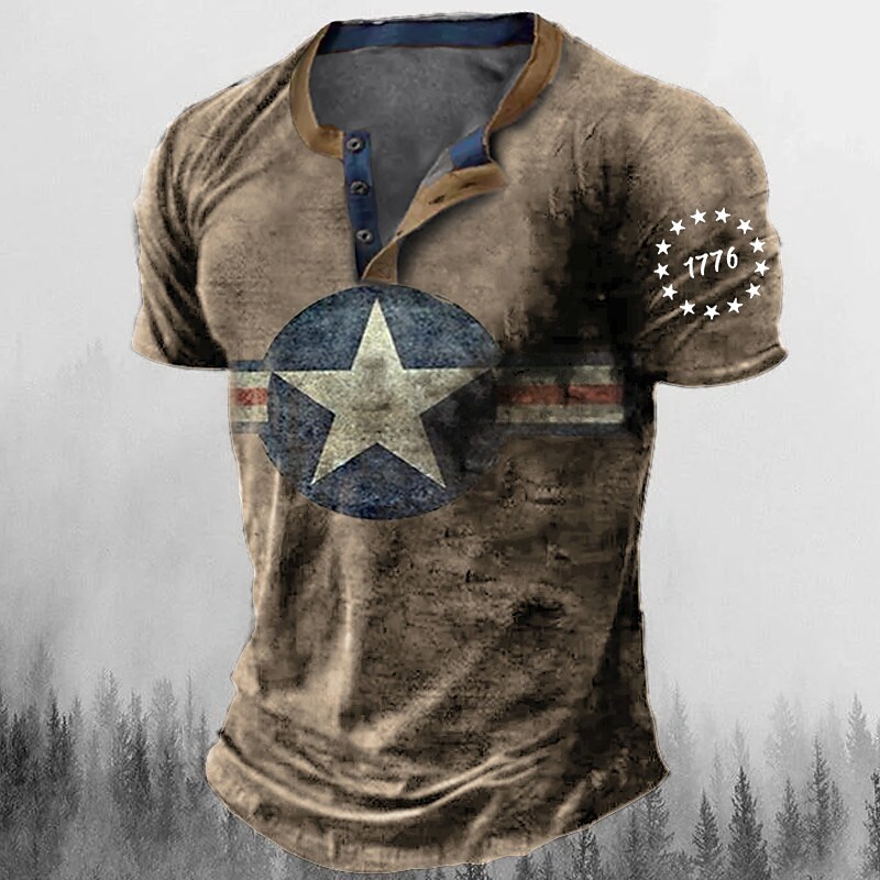 Men's Graphic Star 3D Print Button-Down Short Sleeve Henley Shirt
