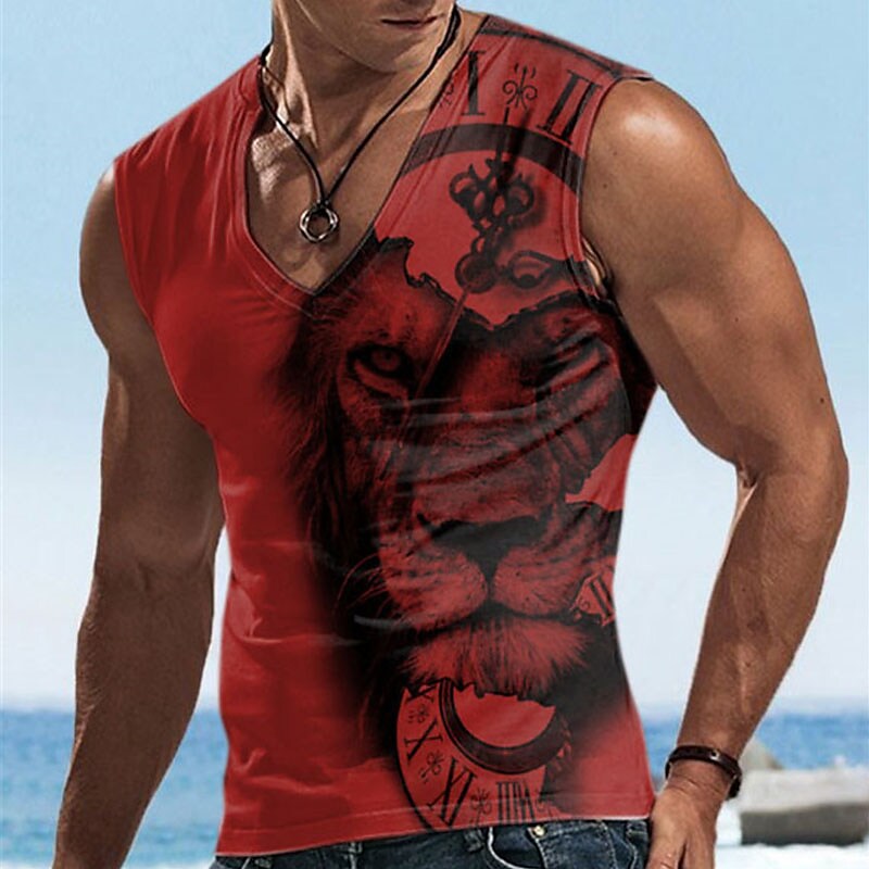 Men's Graphic Animal Lion V Neck 3D Print Sports Muscle  Vest