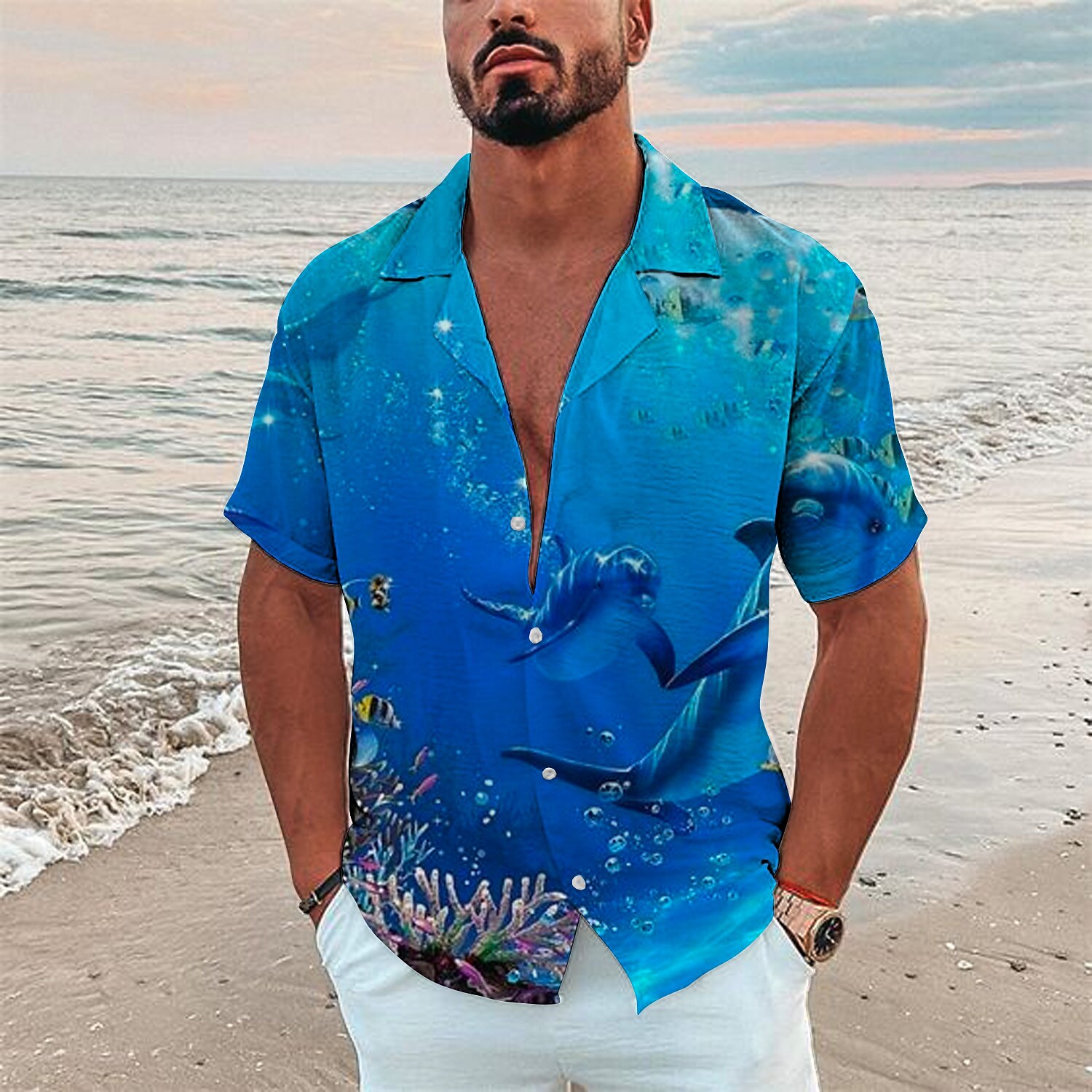 Men's Outdoor Holiday Casual Hawaiian Fashion Breathable Comfortable Light Print Short Sleeve Shirt