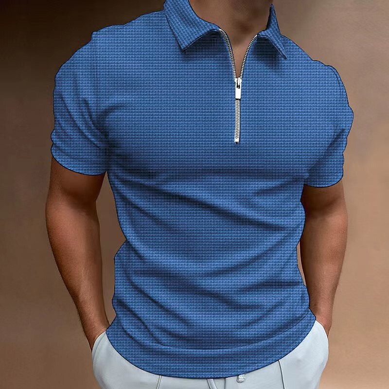 Men's Waffle Outdoor Golf Street Casual Breathable Comfortable Light Plain Zipped Short Sleeve Polo Shirt