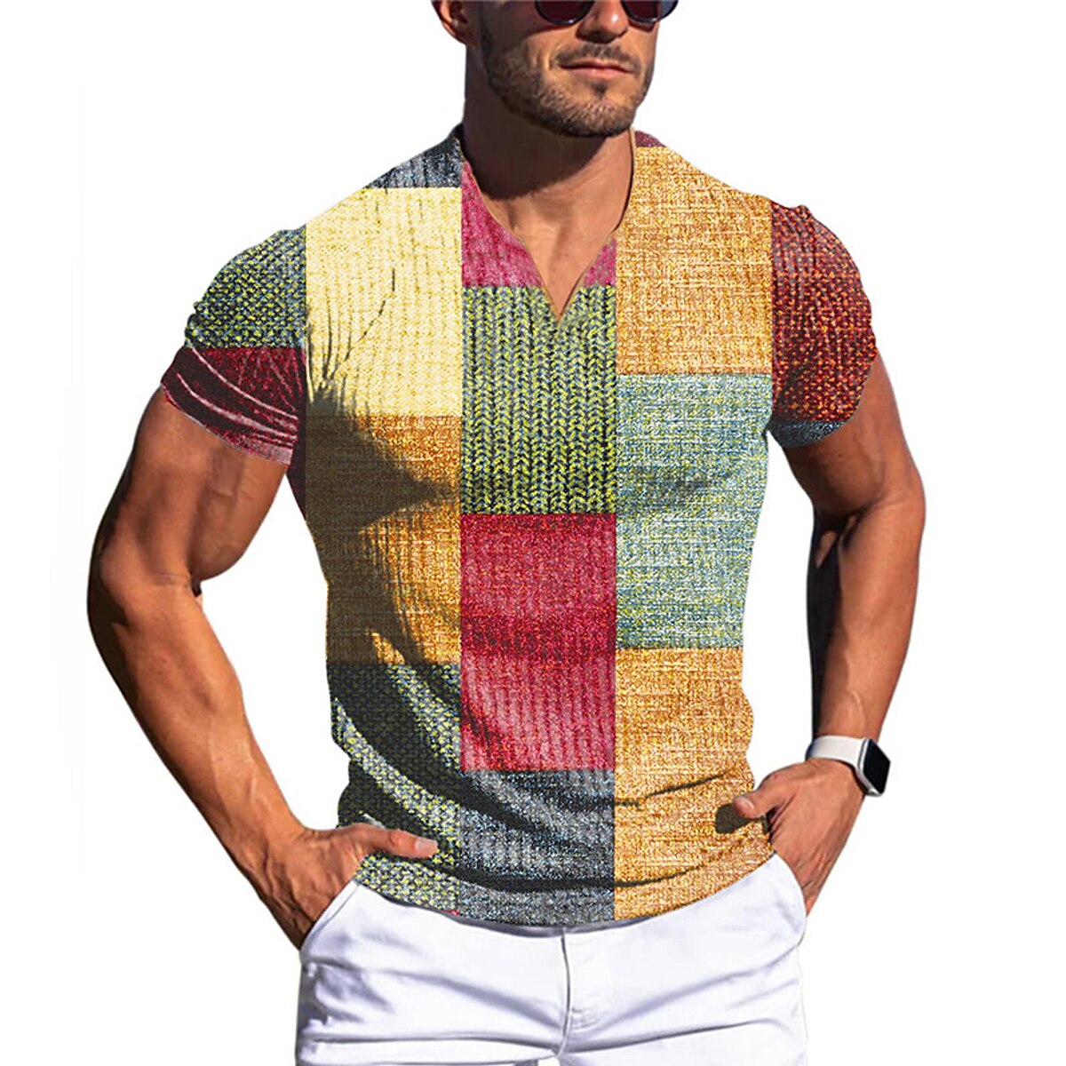 Men's Waffle Graphic Plaid Color Block V Neck Outdoor Daily Short Sleeve Basic T Shirt 