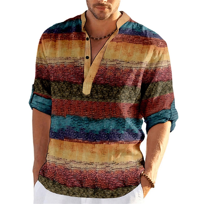 Men's Linen Outdoor Street Fashion Casual Breathable Light Long Sleeves Prints Shirt