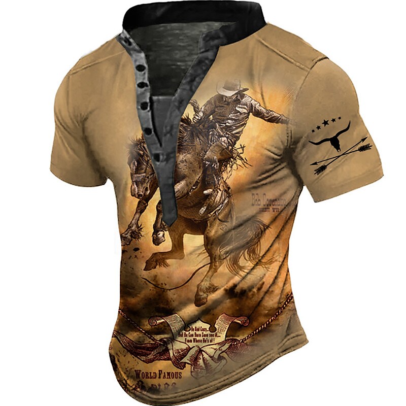 Men's Graphic Horse Stand Collar 3D Print Outdoor  Button Short Sleeve Henley Shirt 