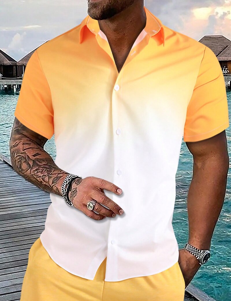 Men's Shirt Button Up Shirt Casual Shirt Summer Shirt Beach Shirt Yellow Pink Navy Blue Blue Orange Short Sleeve Gradient Lapel Daily Vacation Clothing Apparel Fashion Casual Comfortable