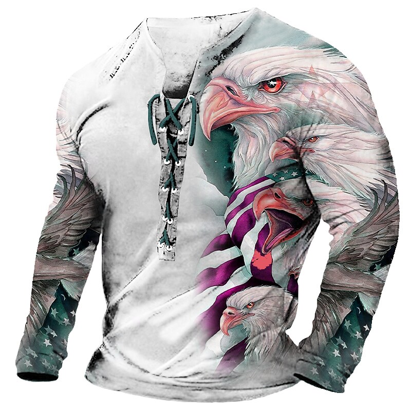 Men's Graphic Eagle 3D Print  Long Sleeve Lace up  T-shirt