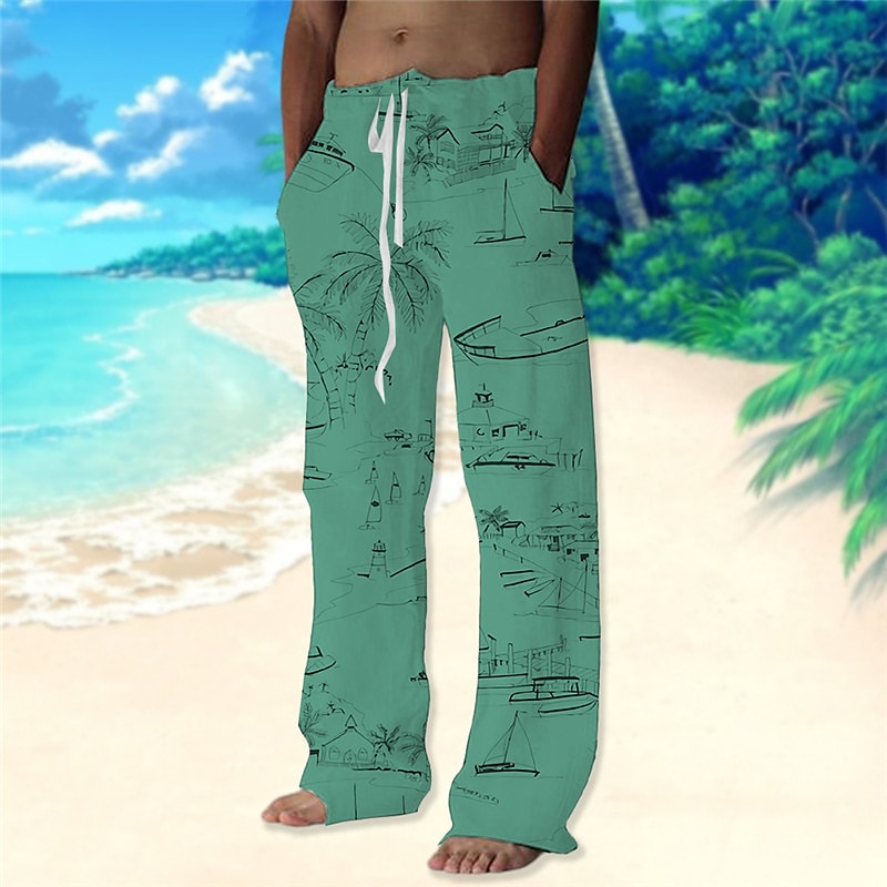 Men's  Drawstring Elastic Waist Coconut Tree Casual Hawaiian Pants