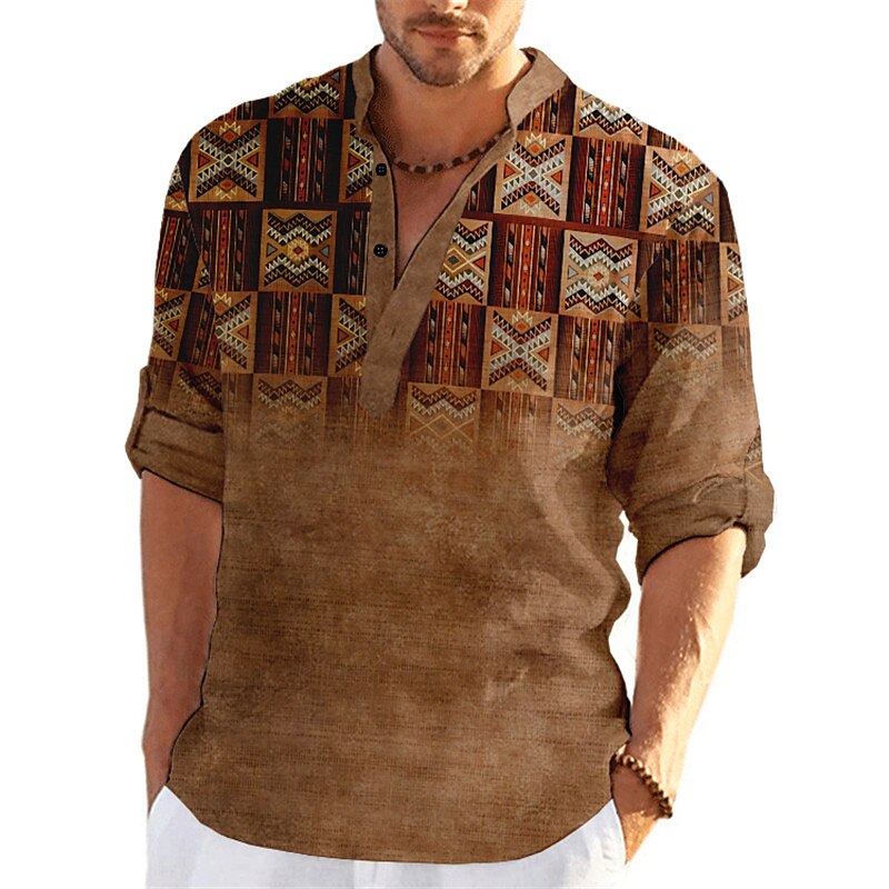 Men's Tribal Graphic Prints Vintage Geometry Stand Collar Casual  Long Sleeve Linen Shirt