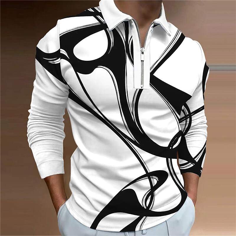 Men's Abstract Graphic Prints Turndown Zipper Long Sleeve Polo Shirt