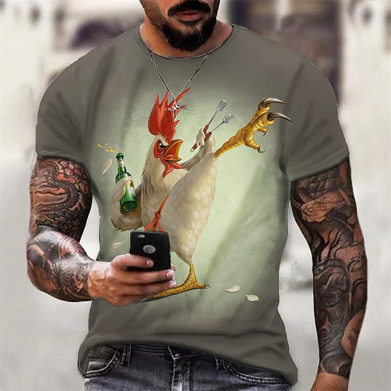 Men's T shirt Tee Funny T Shirts Animal Beer Chicken Crew Neck White / Green Green Blue Red 3D Print Outdoor Casual Short Sleeve Print Clothing Apparel Designer Cartoon Casual Classic / Summer