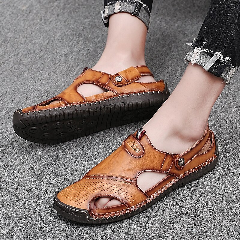 Men's Sandals Comfort Shoes Slingback Sandals Casual Outdoor Daily Upstream Shoes Cowhide Breathable Waterproof Non-slipping Light Brown Dark Brown Black Summer