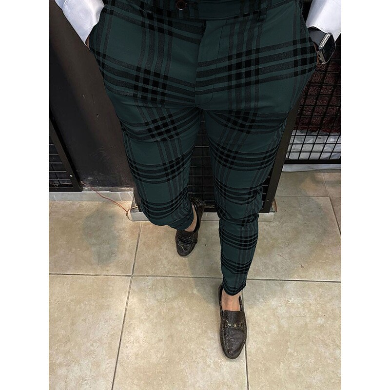 Men's Plaid  Zipper Breathable Lightweight Casual 100% Cotton Chinos Trousers Jogger Pants