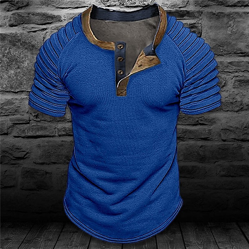 Men's Plain Slim Pleated Pleated Sleeve Button  Basic Short Sleeves  Henley Shirt
